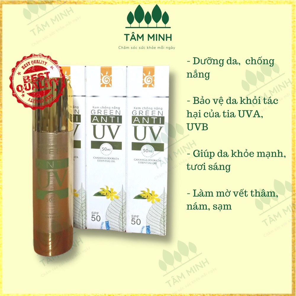 Kem chống nắng thảo dược GREEN ANTI UV, chai 50ml tinh chất chống tia UV bảo vệ da làm trắng da mờ thâm nám ngăn lão hoá