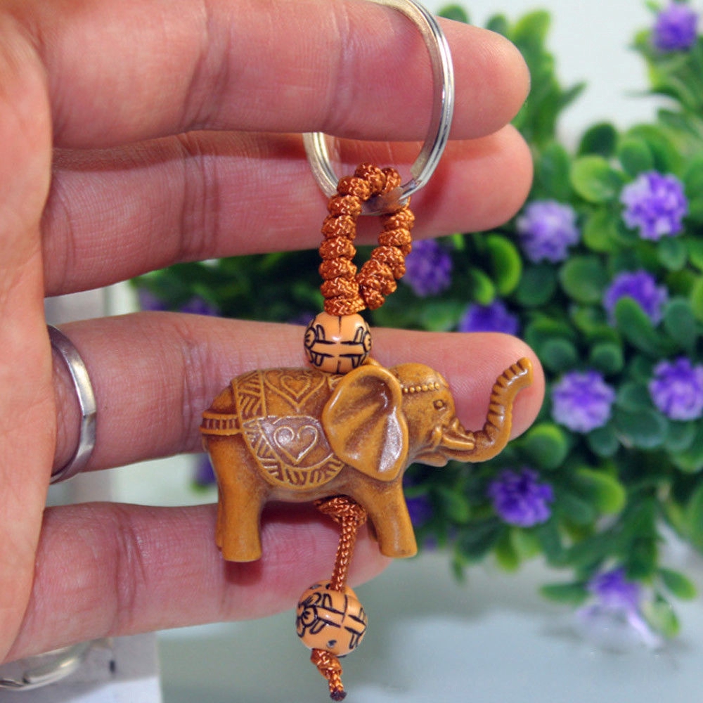 Lucky Elephant Carving Wooden Pendant Keychain Key Chain Ring Evil Defends