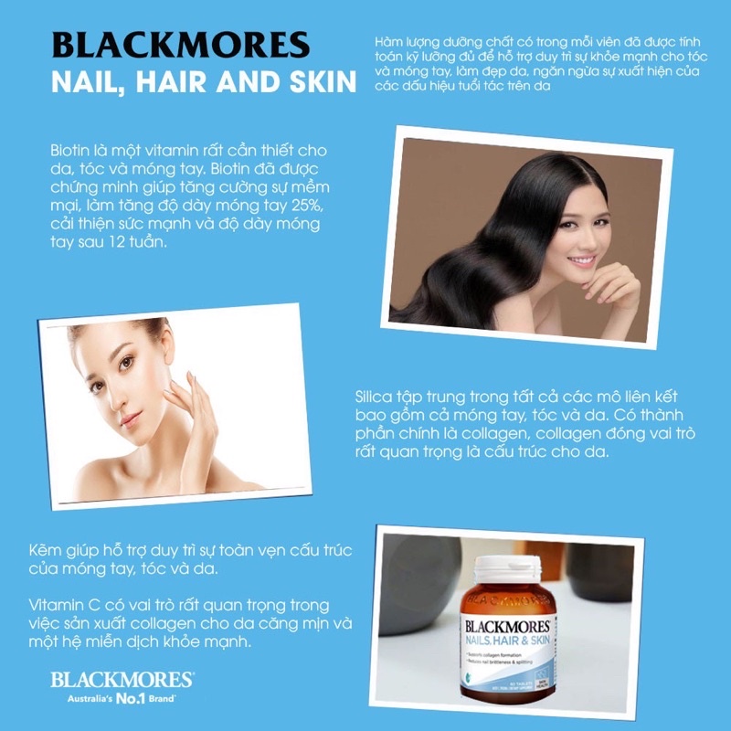 Viên uống đẹp da, móng, tóc - Blackmores Nails, Hair &amp; Skin lọ 60 viên