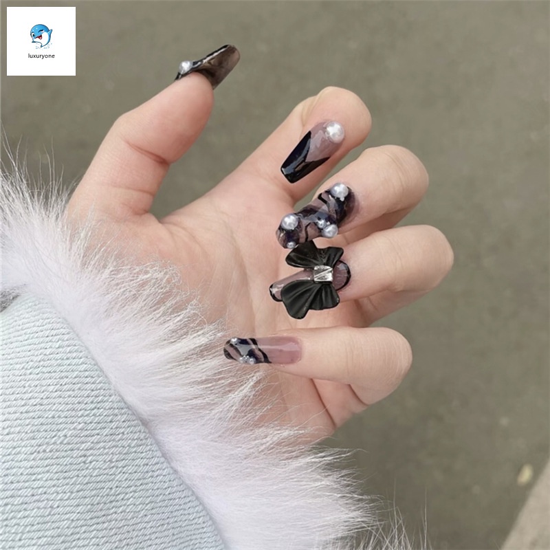 Set 24 móng tay giả đính nơ ngọc trai trang trí nghệ thuật thời trang