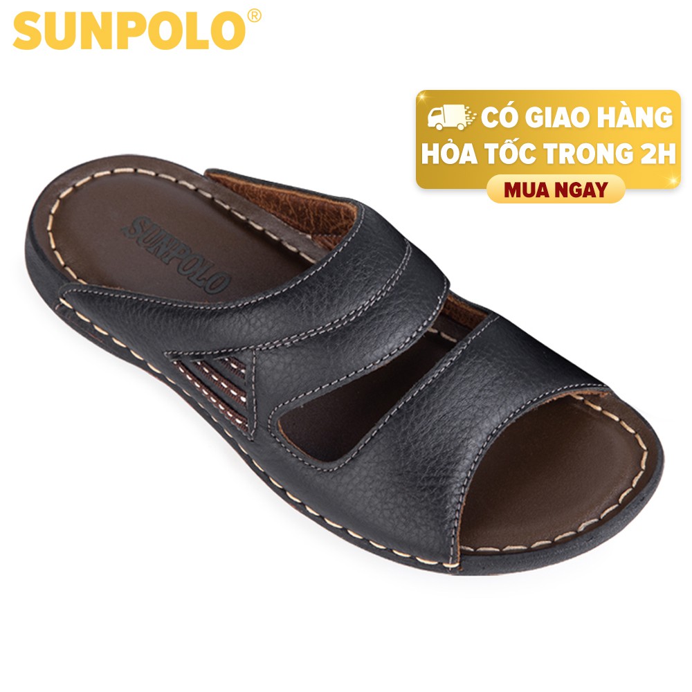 [Mã BMBAU50 giảm 7% đơn 99K] Dép Nam Quai Ngang Da Bò SUNPOLO Đen Nâu - D24NEW