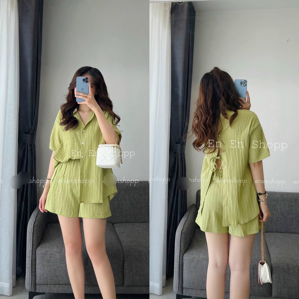 Set Sơ mi dây lưng buộc nơ quần sooc chất Đũi gân mịn mát 4 màu cho nữ đến 55 kg