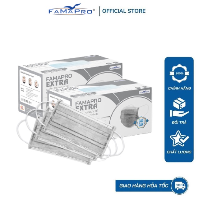 [Extra- COMBO2- HỘP 50 CÁI] Khẩu trang y tế kháng khuẩn 4 lớp Famapro Extra (50 cái/ hộp)