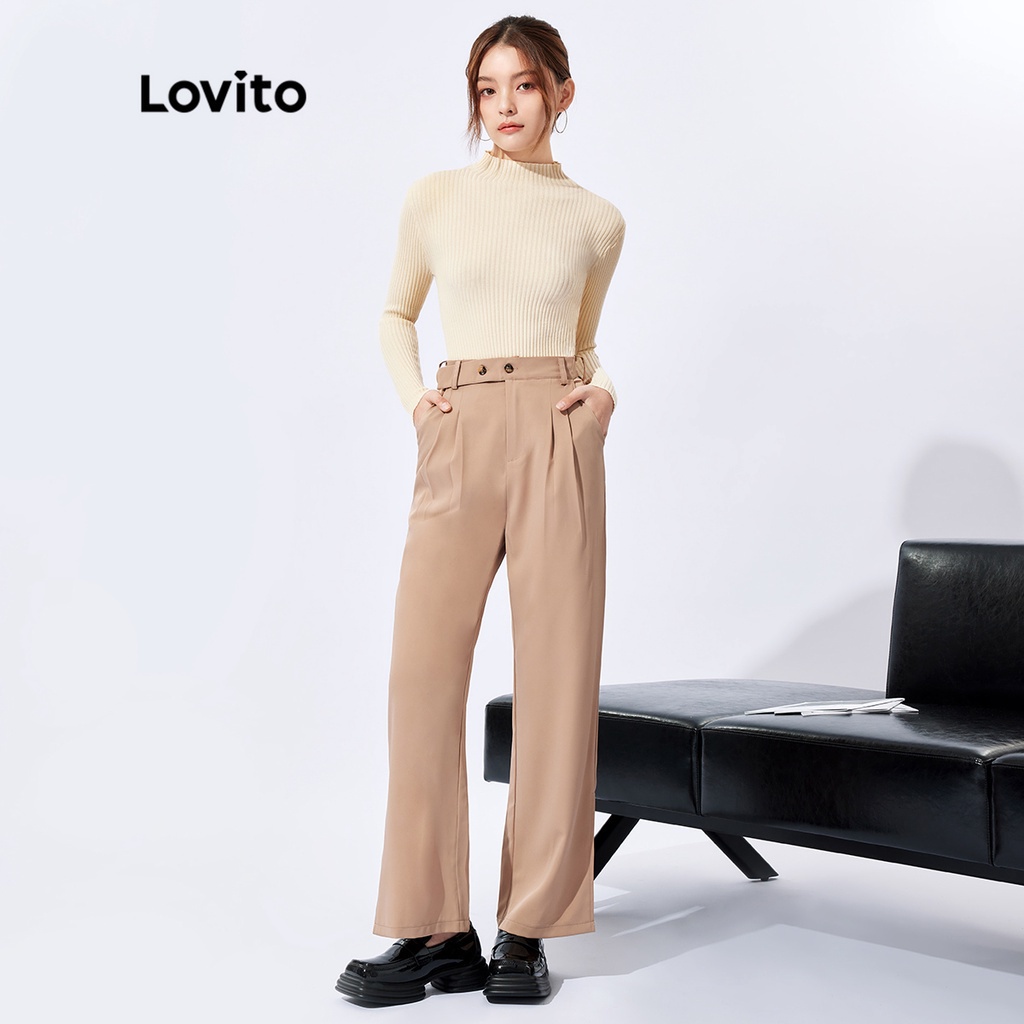 Áo sweater Lovito dệt kim thoáng khí mềm mịn cổ cao tay dài màu trơn phong cách thường ngày L32FW077 (màu mơ)