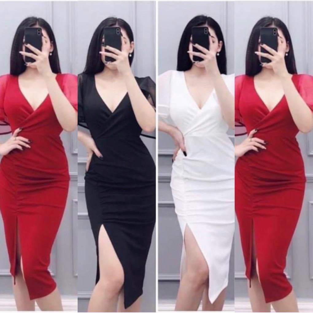 Đầm body cổ V phối tay lưới phồng xẻ tà trước đủ màu, váy cổ tim xẻ đùi MIDORI247