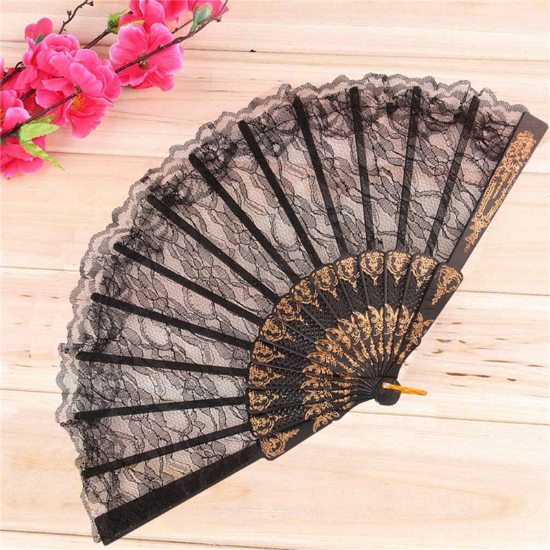 Set 2 Quạt Xếp Cầm Tay Bằng Vải Lụa Phối Ren Màu Đen Phong Cách Tây Ban Nha Dùng Để Múa / Tiệc Cưới