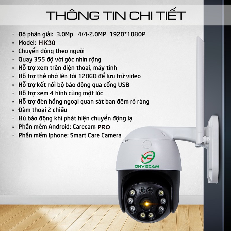 [RẺ VÔ ĐỊCH] Camera ngoài trời quay quét ONVIZCAM HK30/ CC8031 SỬ DỤNG APP CARECAMPRO bảo hành 12 tháng 3.0 mpx góc rộng