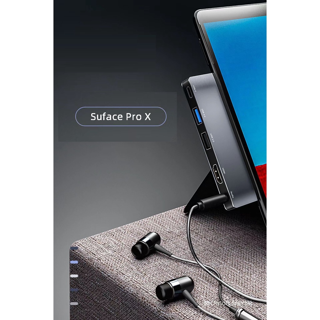 5 trong 1 Dock Station Hub cho Microsoft Surface Pro X Bộ chuyển đổi HDMI kép loại C sang 4K