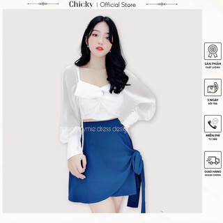 Set áo và chân váy áo cổ vuông tay dài phối lưới kèm chân váy ngắn phối nơ sang trọng