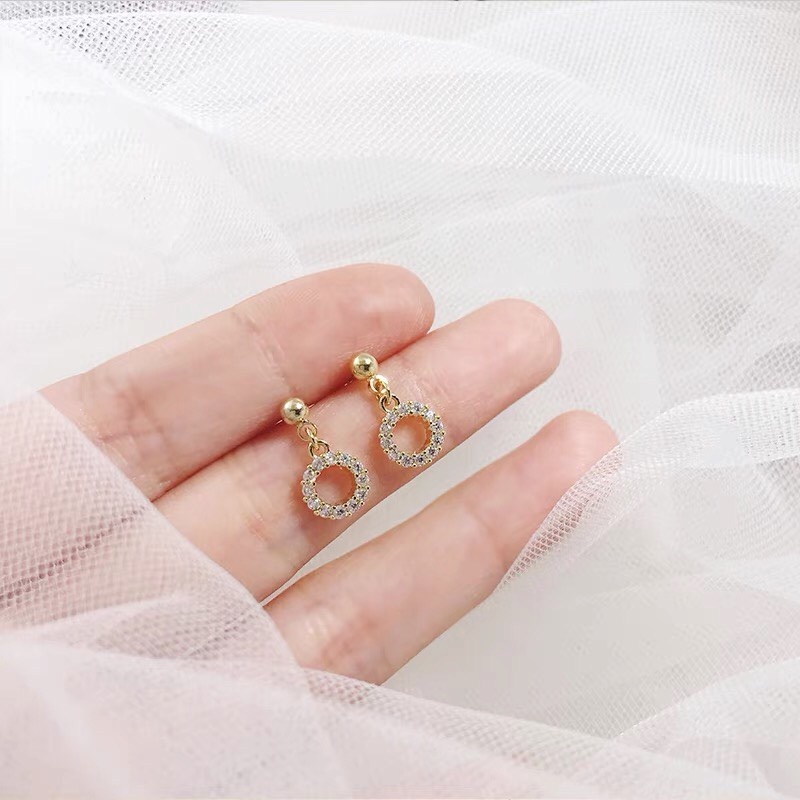 Bông tai, khuyên tai BẠC 925 CAO CẤP không gỉ hình tròn đính hạt đơn giản nhỏ gọn nữ tính