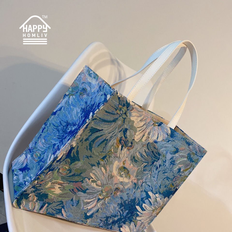 HAPPY HOMLIV Túi Tote Canvas A4 Sức Chứa Lớn Đựng Được Máy Tính In Họa Tiết Tranh Sơn Dầu Chất Lượng Cao 17-Inch Phong Cách Retro Pháp Cho Nữ Sinh