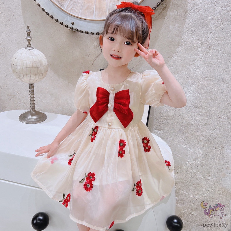 Đầm Công Chúa Tay Phồng Ngắn Phối Lưới Thắt Nơ Phong Cách Hàn Quốc Cho Bé Gái