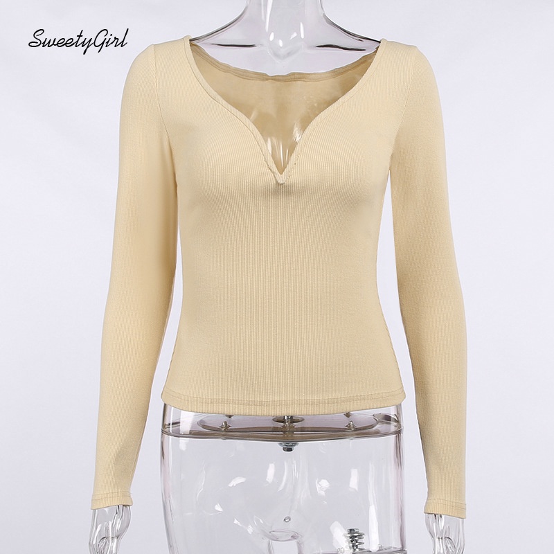 Áo Thun Tay Dài Cổ Chữ V Khoét Sâu Màu Sắc Trơn Quyến Rũ Thời Trang Cho Nữ 2022