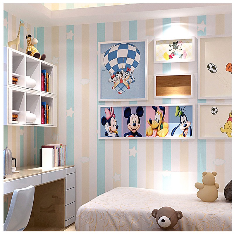 53cm * 9.5m wallpaper Non-self-adhesive non-woven Giấy dán tường Không có chất kết dính Phòng trẻ em không dệt Phòng công chúa Hình nền không dệt màu xanh hồng dọc phòng ngủ bé trai phòng bé gái hình nền hoạt hình