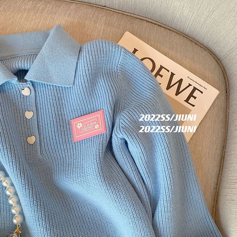 Áo Sweater Dệt Kim Cổ polo Màu Xanh Dương Phong Cách Hàn Quốc Mới Cho Nữ  tao bao