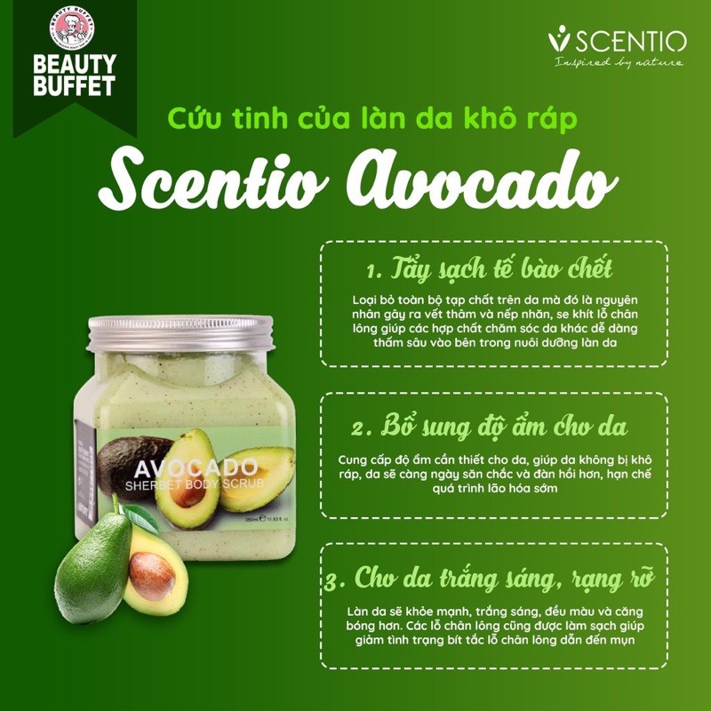 Tẩy Tế Bào Da Chết Body Beauty Buffet Scentio Avocado 350ml Hương Bơ Làm Sạch Dưỡng Da Mềm Mượt [NHẬP KHẨU CHÍNH HÃNG]