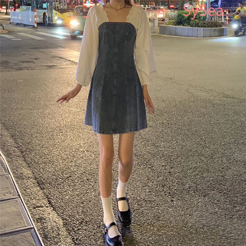 Đầm denim tay dài cổ vuông kiểu retro Pháp thời trang mùa thu cho nữ