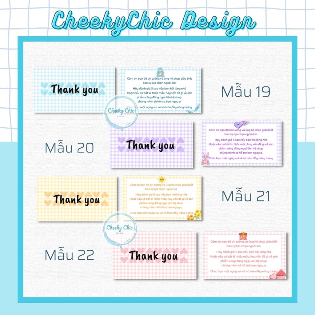 Combo 95 -100 Thiệp cảm ơn, Thank you card họa tiết kẻ ô caro, màu sắc xinh xắn, khổ ngang, thẻ cảm ơn tặng khách hàng