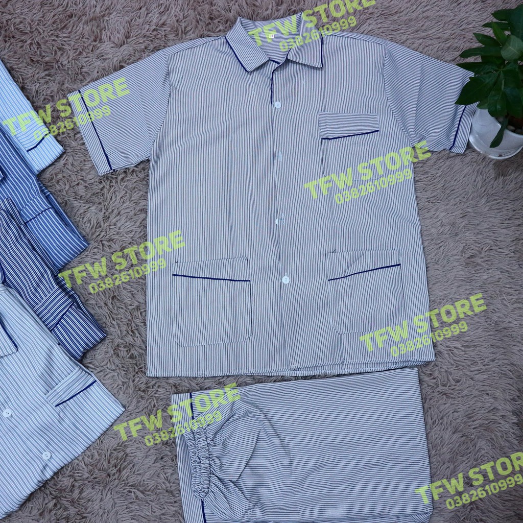 Bộ pijama nam trung niên vải kate kẻ sọc , quần áo mặc nhà, bộ ngủ cho ông, cho bố - Hàng VN