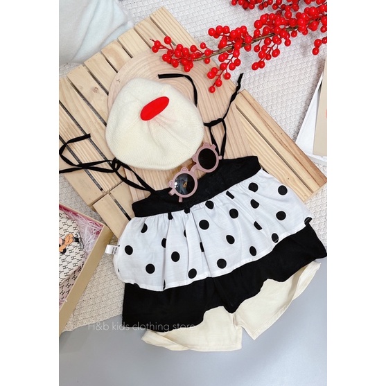 Xả Set áo 2 dây chấm bi quần đũi bé gái