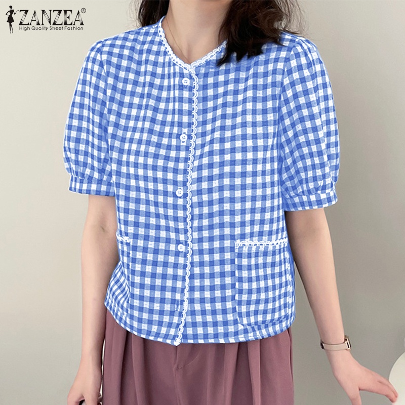 Zanzea Áo Sơ Mi Ngắn Tay Cổ V Họa Tiết Ca Rô Phong Cách Hàn Quốc Dành Cho Nữ