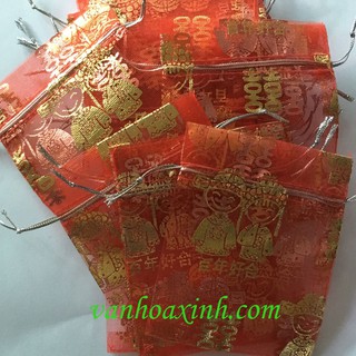 5 túi rút vải lưới (vải voan) màu đỏ in hình song hỉ size 8x8cm