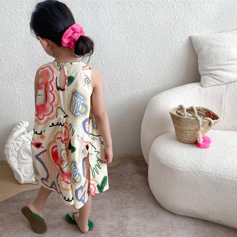 Đầm Sát Nách Cổ Tròn In Họa Tiết Graffiti Phong Cách Hàn Quốc Thời Trang Mùa Hè Cho Bé Gái