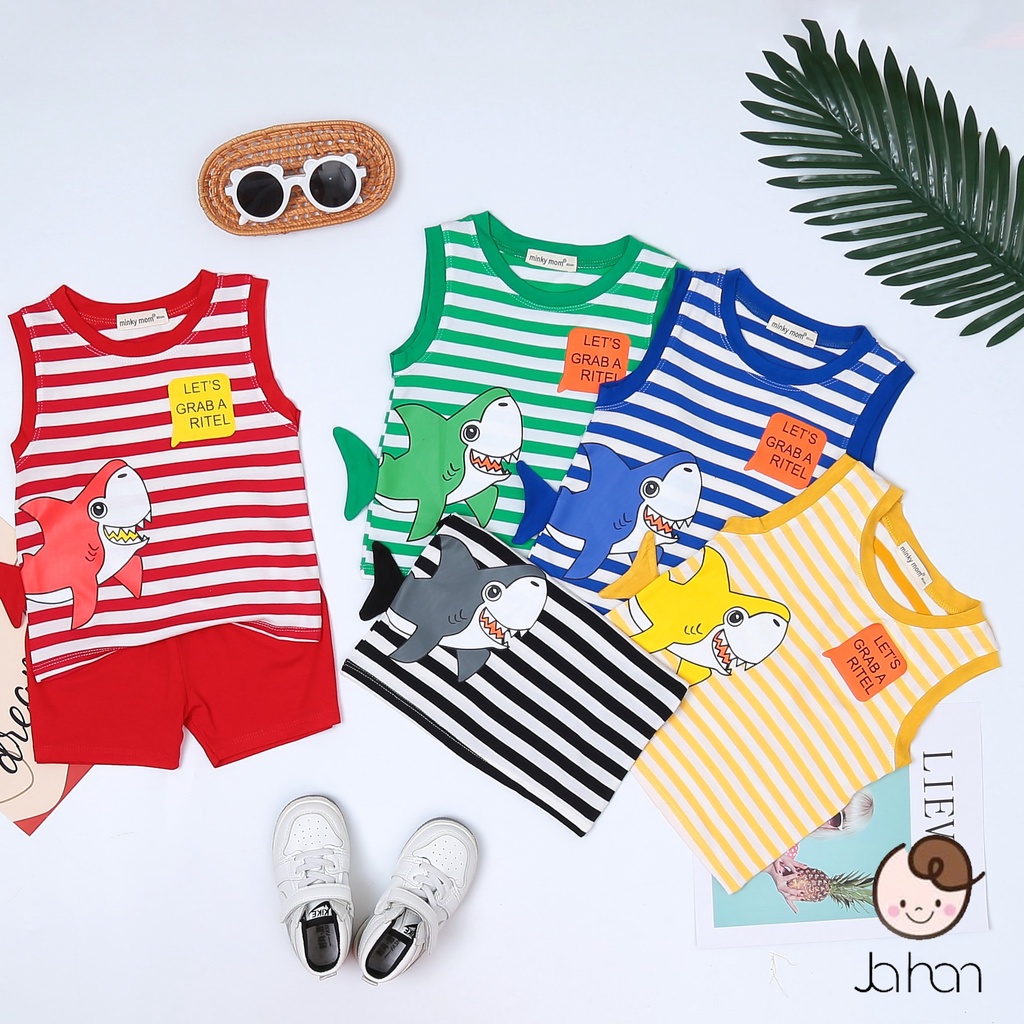 Bộ ba lỗ thun lạnh cao cấp ️in hình cá mập Minky Mom nhiều màu dành cho bé trai, bé gái