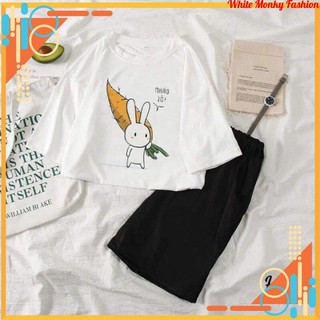 Sét Bộ Đồ Nữ Mùa Hè Mặc Ở Nhà, Đi Chơi - Áo Thun Nữ Cotton In Bé Thỏ Chiến Mix Quần Short Nữ Phong Cách Hàn Quốc