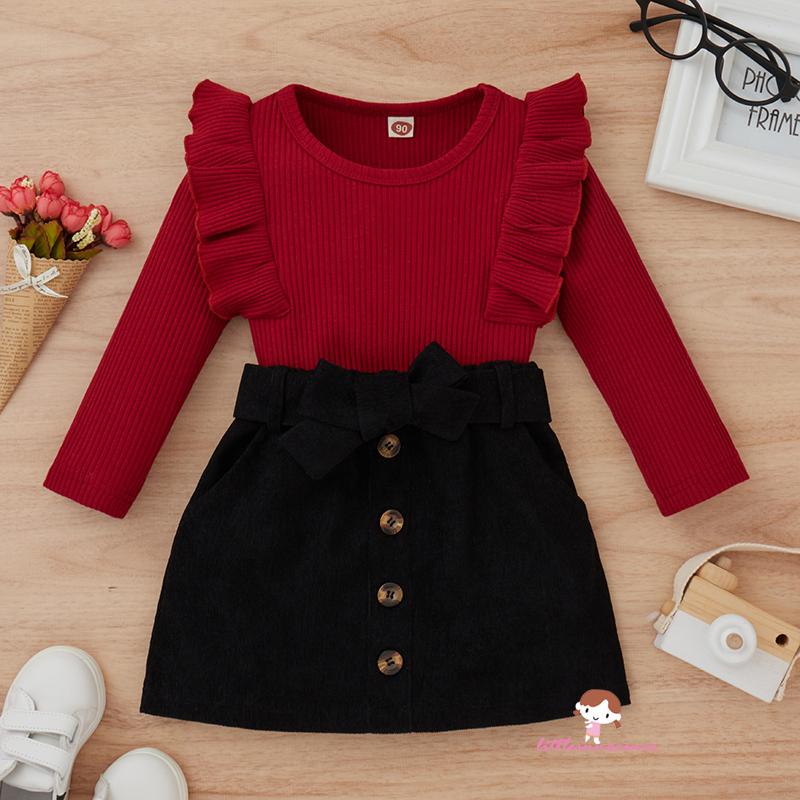 Set áo cổ tròn tay dài màu sắc ngọt ngào kèm chân váy ngắn đính nút và thắt lưng thời trang cho bé gái 7 tuổi