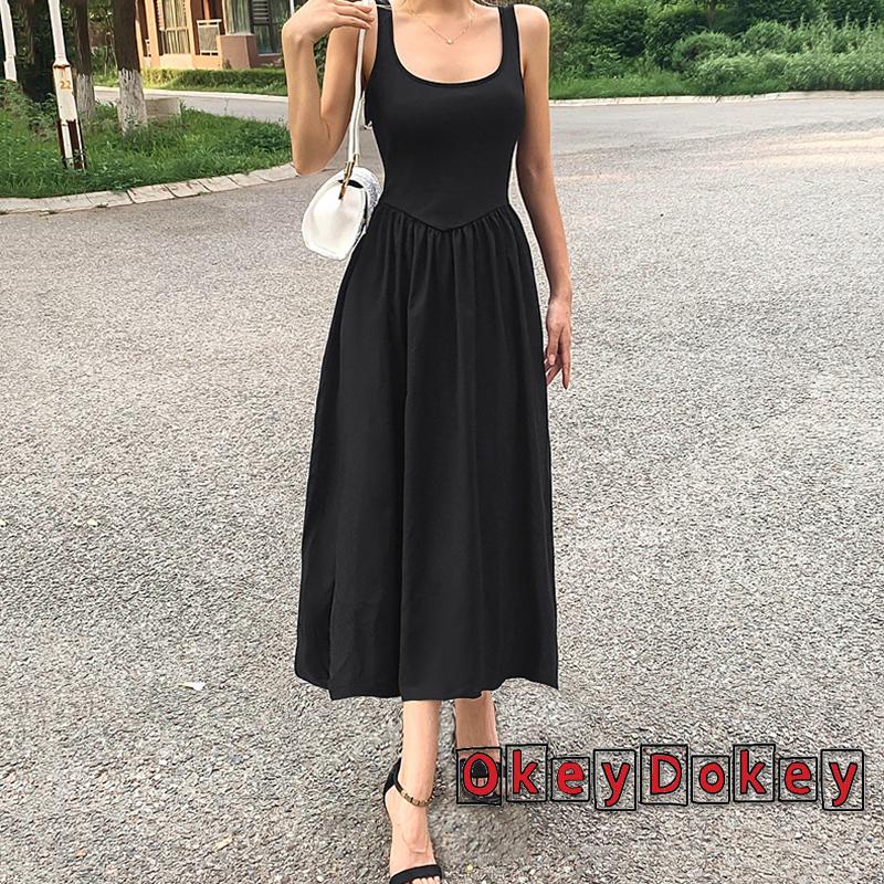 Đầm Dáng Chữ A Không Tay Cổ Chữ U Lưng Cao Màu Trơn Thời Trang Mùa Hè Cho Nữ