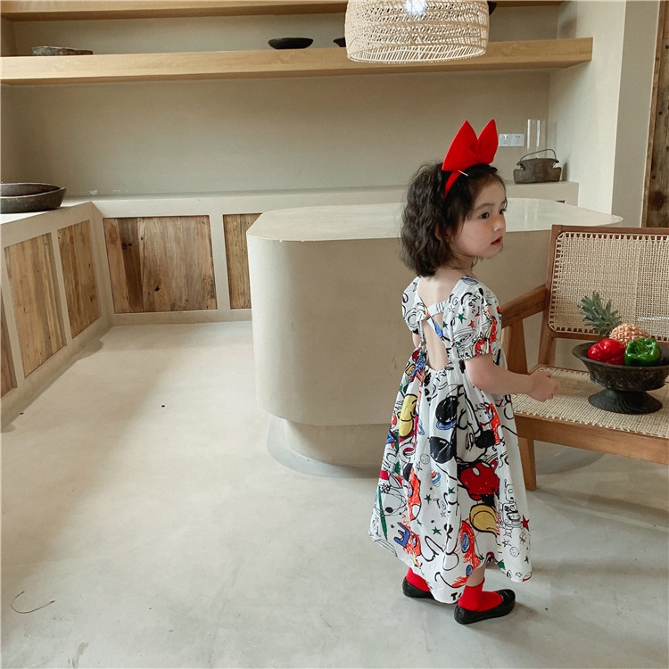 Đầm   tay ngắn hở lưng họa tiết graffiti thời trang mùa hè cho bé gái 1-6 tuổi
