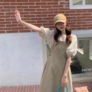 Váy yếm nữ kèm áo tay bồng đầm dự tiệc váy cưới phong cách tiểu thư Hàn Quốc hai màu đen, kaki thời trang