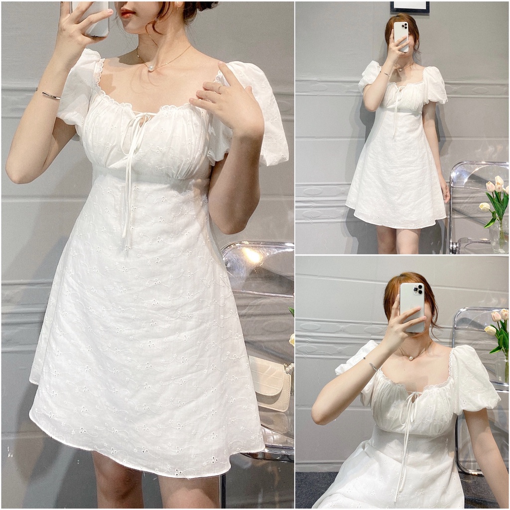 Đầm nữ baby màu trắng, thiết kế tiểu thư, cổ vuông, tay bồng công chúa chất ren xô cao cấp