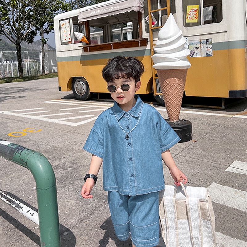 Set sơ mi bò giấy ngắn tay phong cách Hàn quốc có size đại cho bé trai 20-48kg, bộ quần áo Beekids Memory