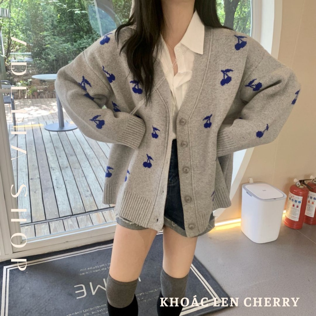 Khoác Len Cherry | Áo Khoác Len Cardigan Basic Dáng Rộng Cổ V Màu Xám Họa Tiết Cherry, Cardigan Học Sinh Unisex