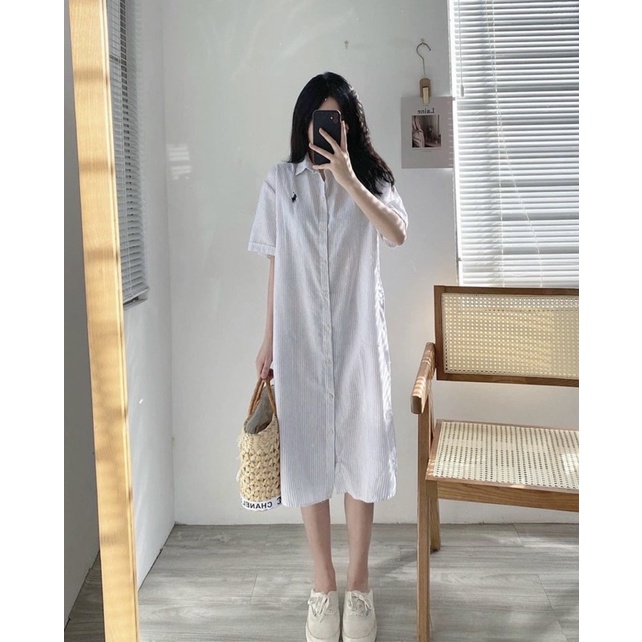 Đầm sơ mi dáng suông hoạ tiết kẻ dọc nhỏ, Váy sơ mi dáng rộng