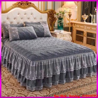 Ga gối nỉ trần phủ bèo ren, set ga kèm 2 gối nỉ nhung phủ ren công chúa sang chảnh đủ kích thước