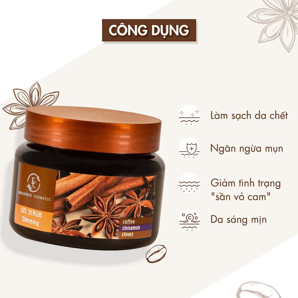Tẩy Tế Bào Chết Exclusive Cosmetic Body Mềm Mịn Da Giảm Viêm Lỗ Chân Lông Quế Hồi Cafe Coffee Cinnamon Cloves 380g