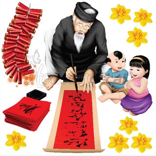 Decal dán tường decal tết có keo sẵn ông đồ viết thư pháp BINBIN PK494