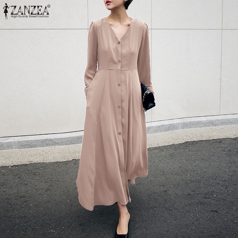 Đầm dài ZANZEA túi hông dài tay cổ V cài cúc phía trước