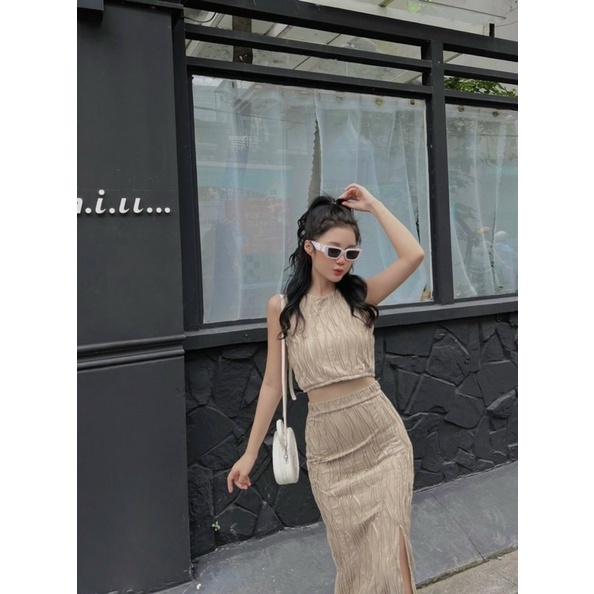 Set xốp áo 3 lỗ sát nách + chân váy body xẻ đùi sexy. Đen, nude, trắng. Thời trang đầm váy đi chơi dạo phố dự tiệc sang