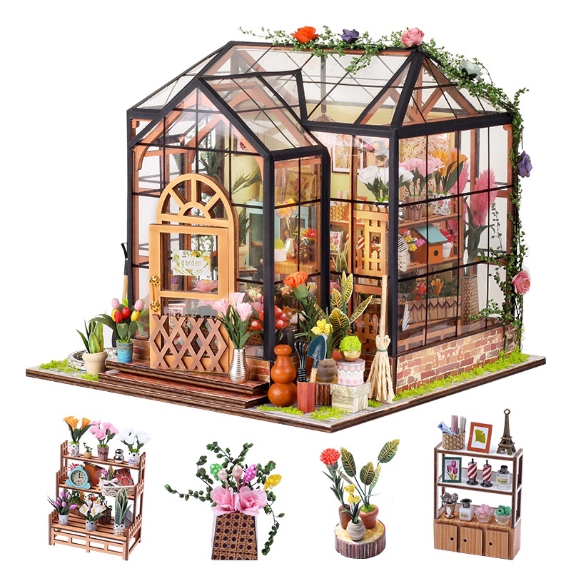 Cutebee Mô Hình Nhà Gỗ diy Mô hình nhà JENNY Greenhouse Đèn LED DG2022