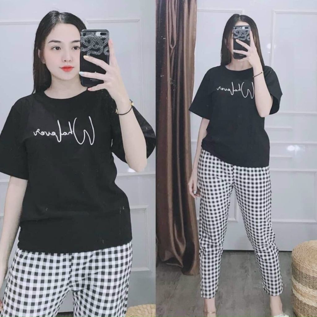 Đồ bộ nữ đồ mặc nhà Bigsize thun cotton chữ thêu quần dài carô co giãn Sét đồ bộ nữ dễ thương trung niên ESHOP DB05