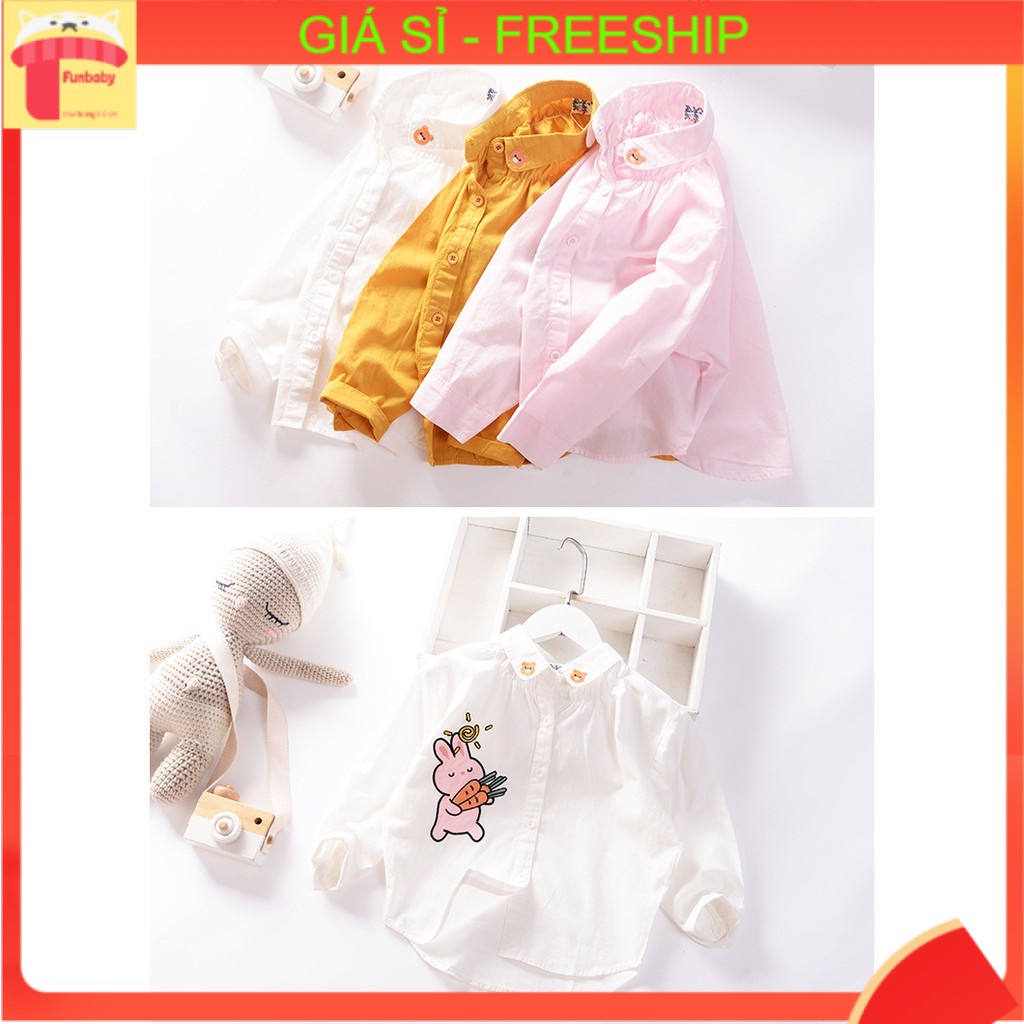 Áo sơ mi bé gái dài tay 3-10 tuổi thêu thỏ cà rốt, Sơ mi cho bé chất liệu vải thô cao cấp kiểu dáng thời trang