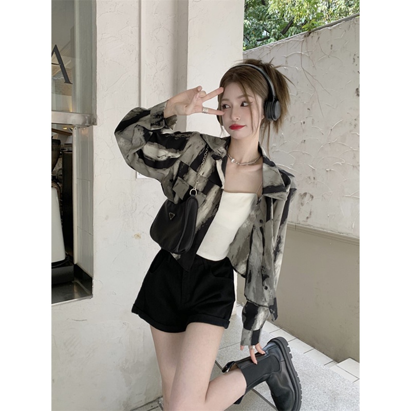 Áo Sơ Mi Ngắn Tay Dài Nhuộm Màu Xám Thiết Kế Mới Phong Cách retro Mỹ Dành Cho Nữ