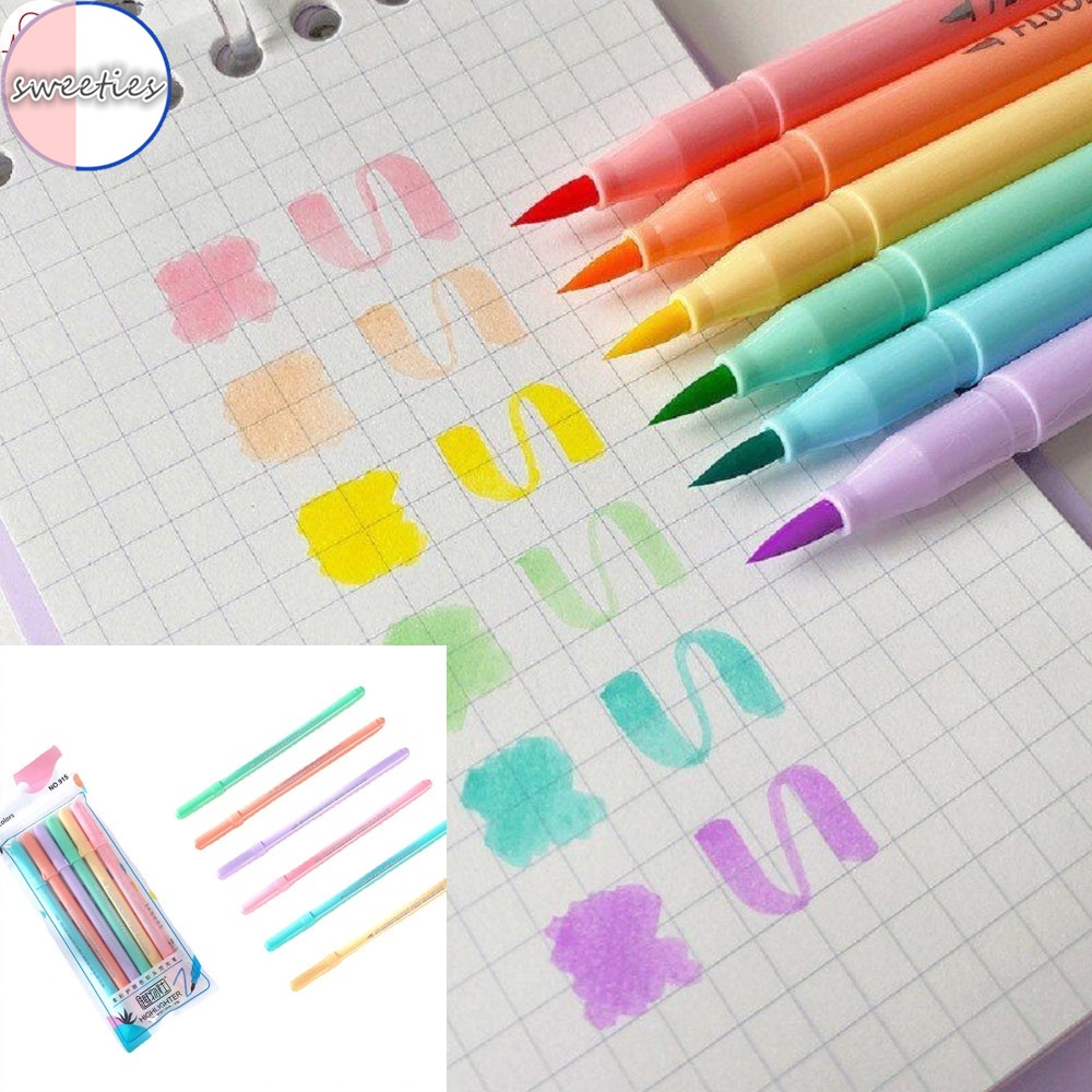 Bộ 6 bút đánh dấu đầu mềm nhiều màu sắc thiết kế tiện lợi dành cho học sinh / văn phòng