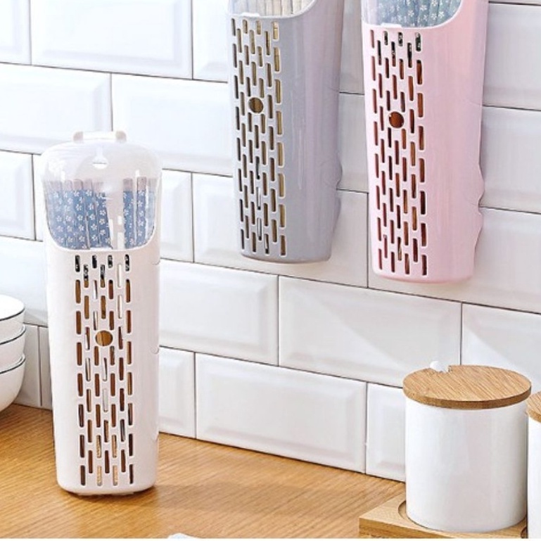 Hũ ống đựng đũa muỗng dán tường nhà bếp không cần khoan tường, ống thìa đũa có nắp đậy, có khe thoát nước nhựa Cao Cấp
