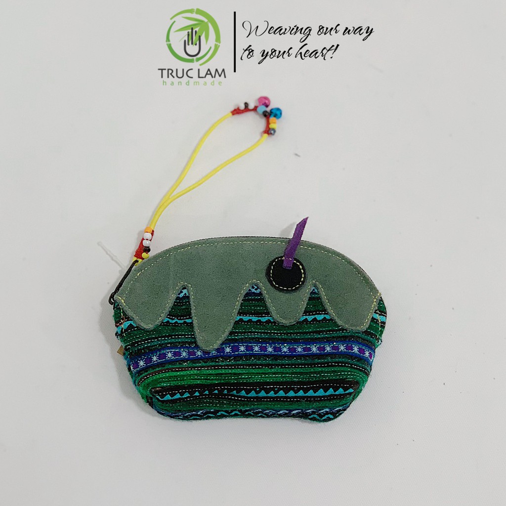 Ví Cầm Tay Nữ VÍ Sò Cầm Tay Vải Thổ Cẩm Phối Vải Da Lộn Có Gắn Vòng Chuông (B) - Trúc Lâm Handmade