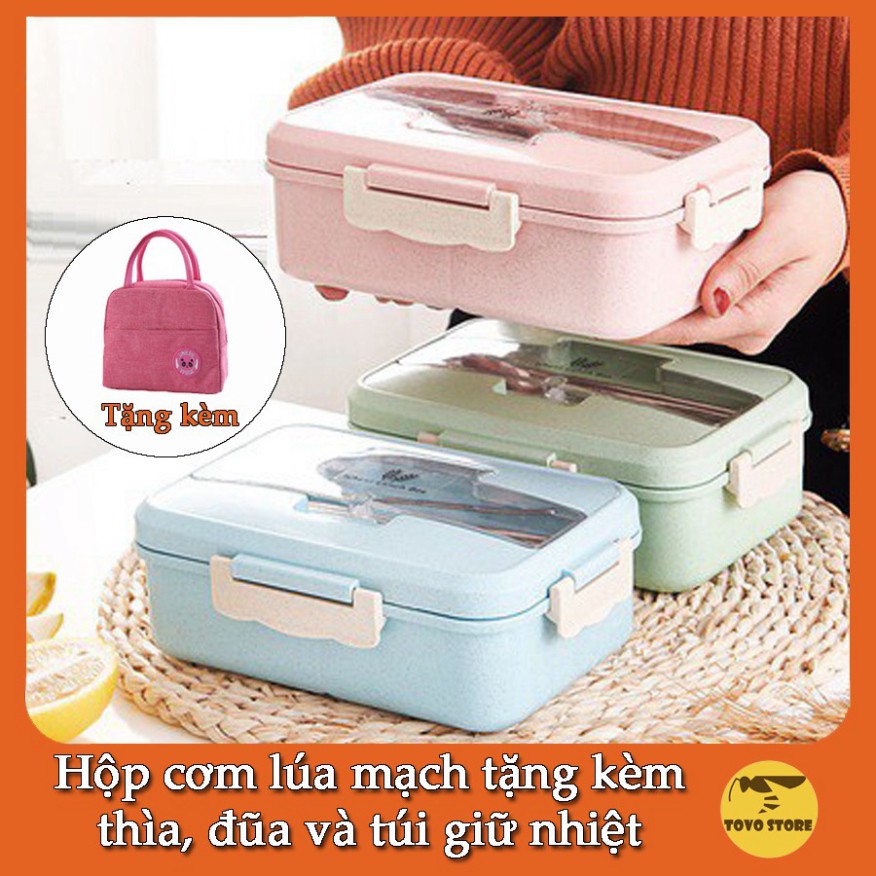 Combo Hộp cơm văn phòng, hộp ăn trưa cho học sinh, sinh viên(kèm thìa,đũa) và túi giữ nhiệt có thể dùng trong lò vi sóng